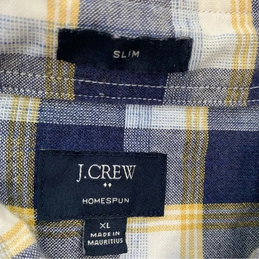 J Crew Shirt Men XL Slim Blue Plaid Homespun Cotton Long Sleeve Casual Workwear